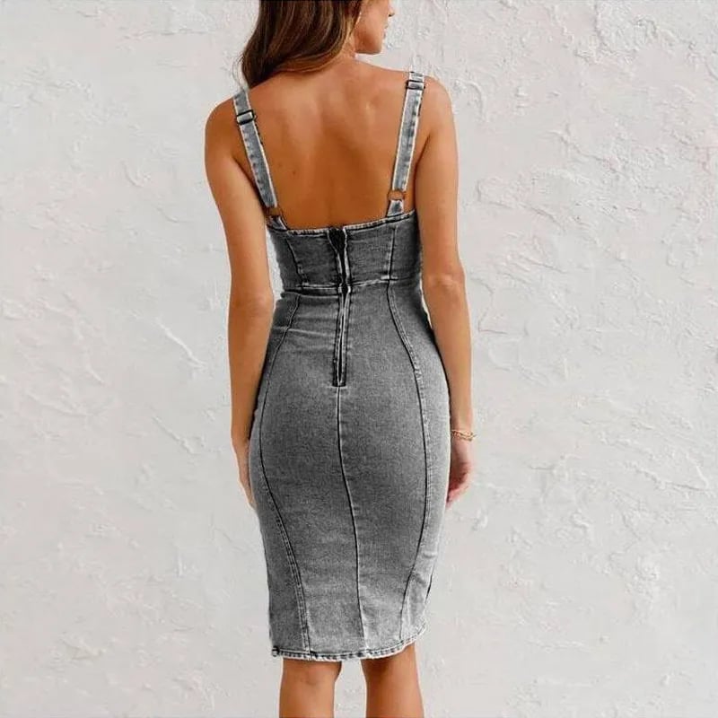 🔥Hot Sale 50% OFF🔥Adjustable Strap U-neck Split Denim Bodycon Cami Dress | U-Neck & Thigh Slit | Sweat-Wicking Stretch