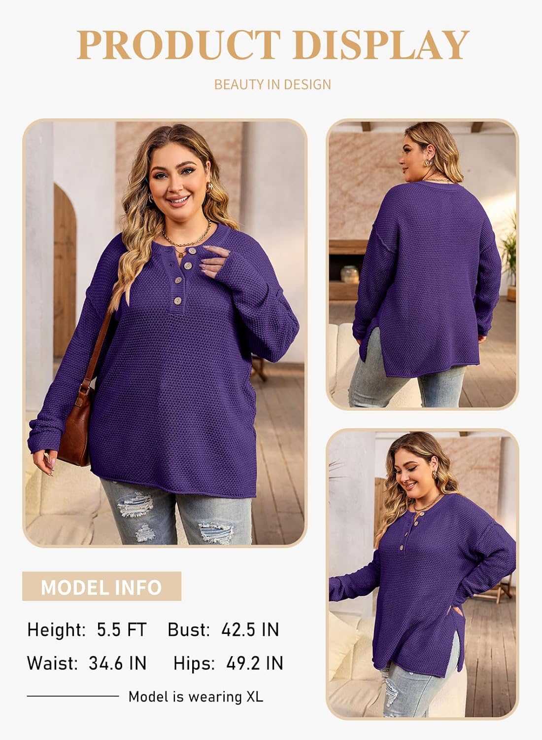 Womens Plus Size Sweaters Casual Long Sleeve Loose V Neck Button Henley Tops