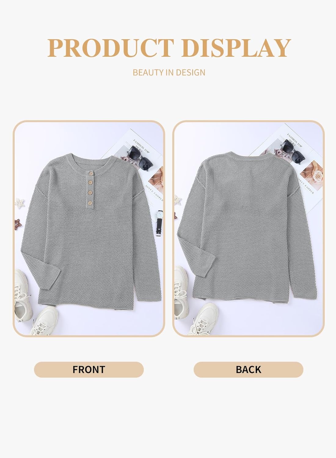 Womens Plus Size Sweaters Casual Long Sleeve Loose V Neck Button Henley Tops