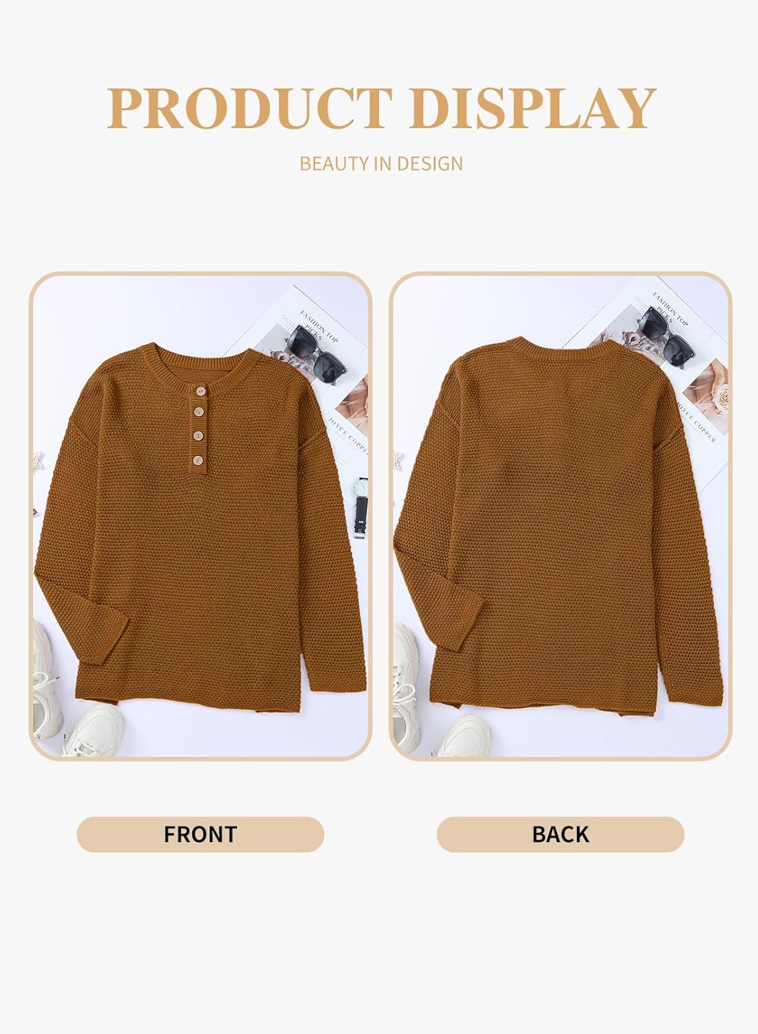 Womens Plus Size Sweaters Casual Long Sleeve Loose V Neck Button Henley Tops