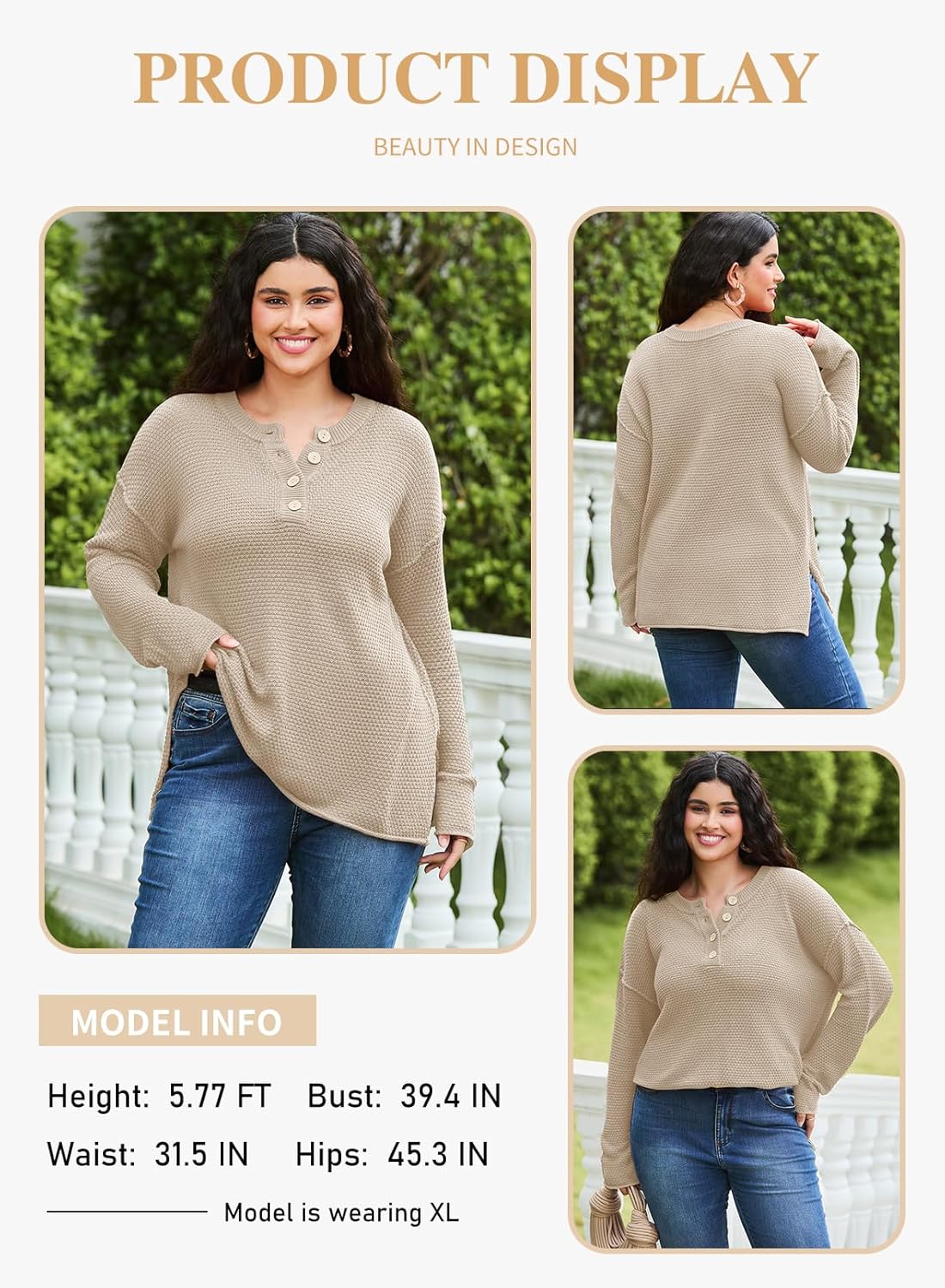 Womens Plus Size Sweaters Casual Long Sleeve Loose V Neck Button Henley Tops