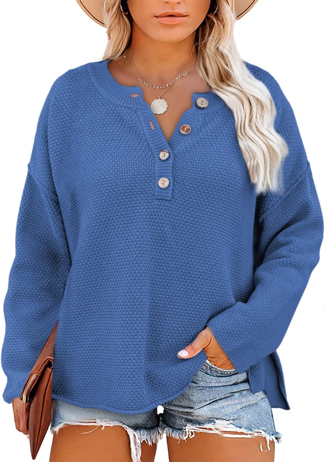 Womens Plus Size Sweaters Casual Long Sleeve Loose V Neck Button Henley Tops