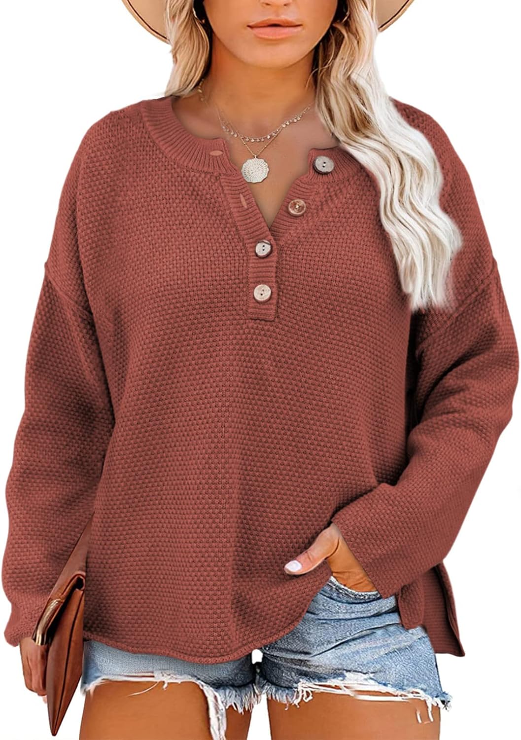 Womens Plus Size Sweaters Casual Long Sleeve Loose V Neck Button Henley Tops