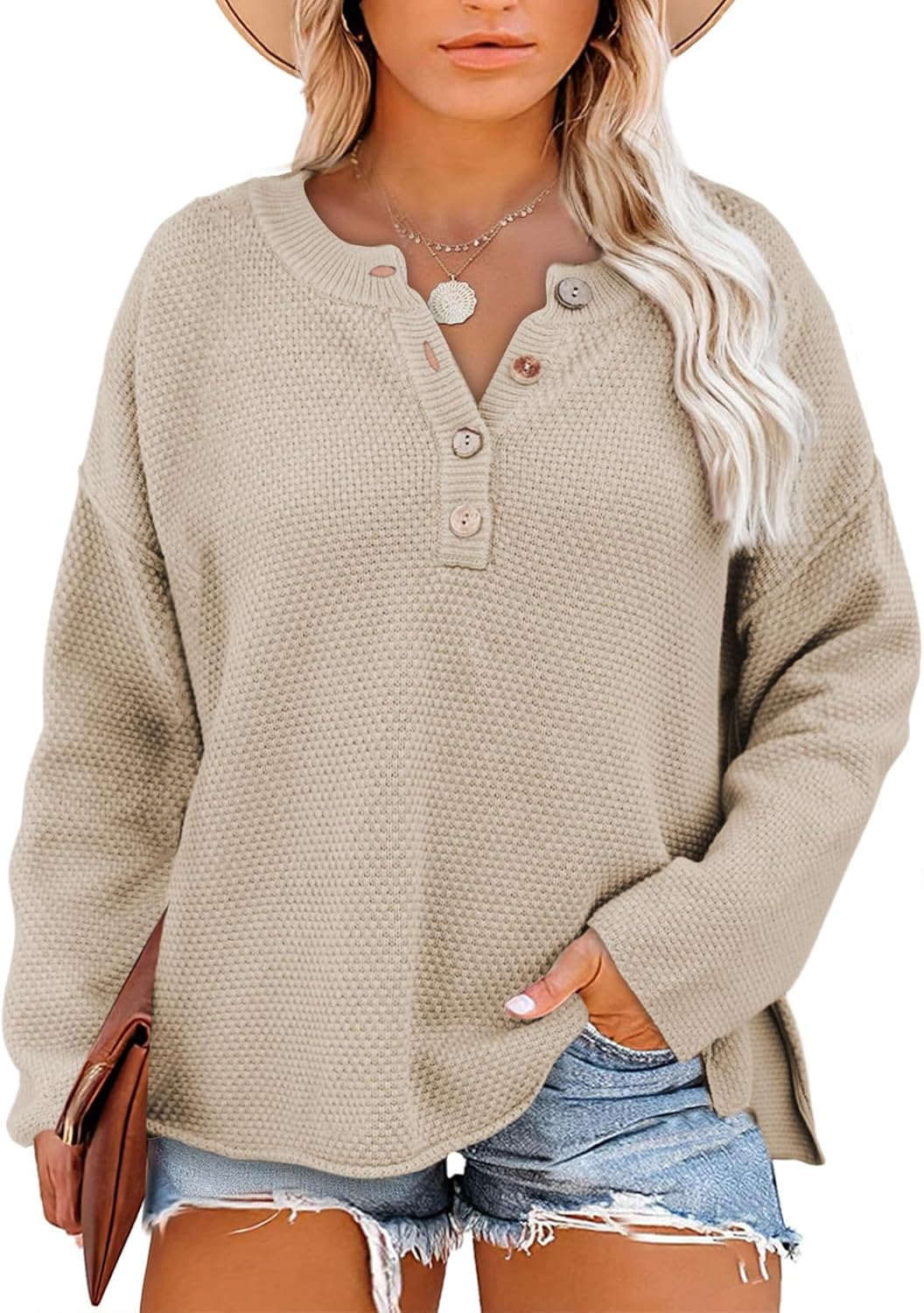 Womens Plus Size Sweaters Casual Long Sleeve Loose V Neck Button Henley Tops