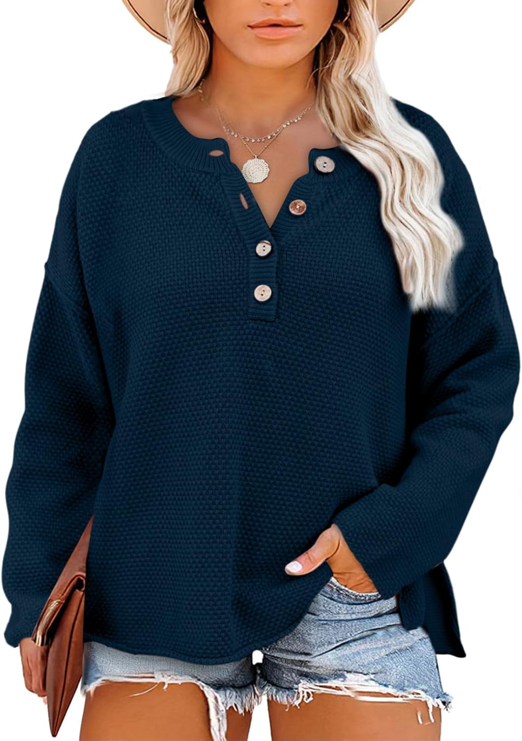 Womens Plus Size Sweaters Casual Long Sleeve Loose V Neck Button Henley Tops
