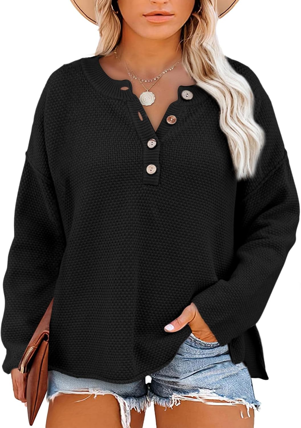 Womens Plus Size Sweaters Casual Long Sleeve Loose V Neck Button Henley Tops