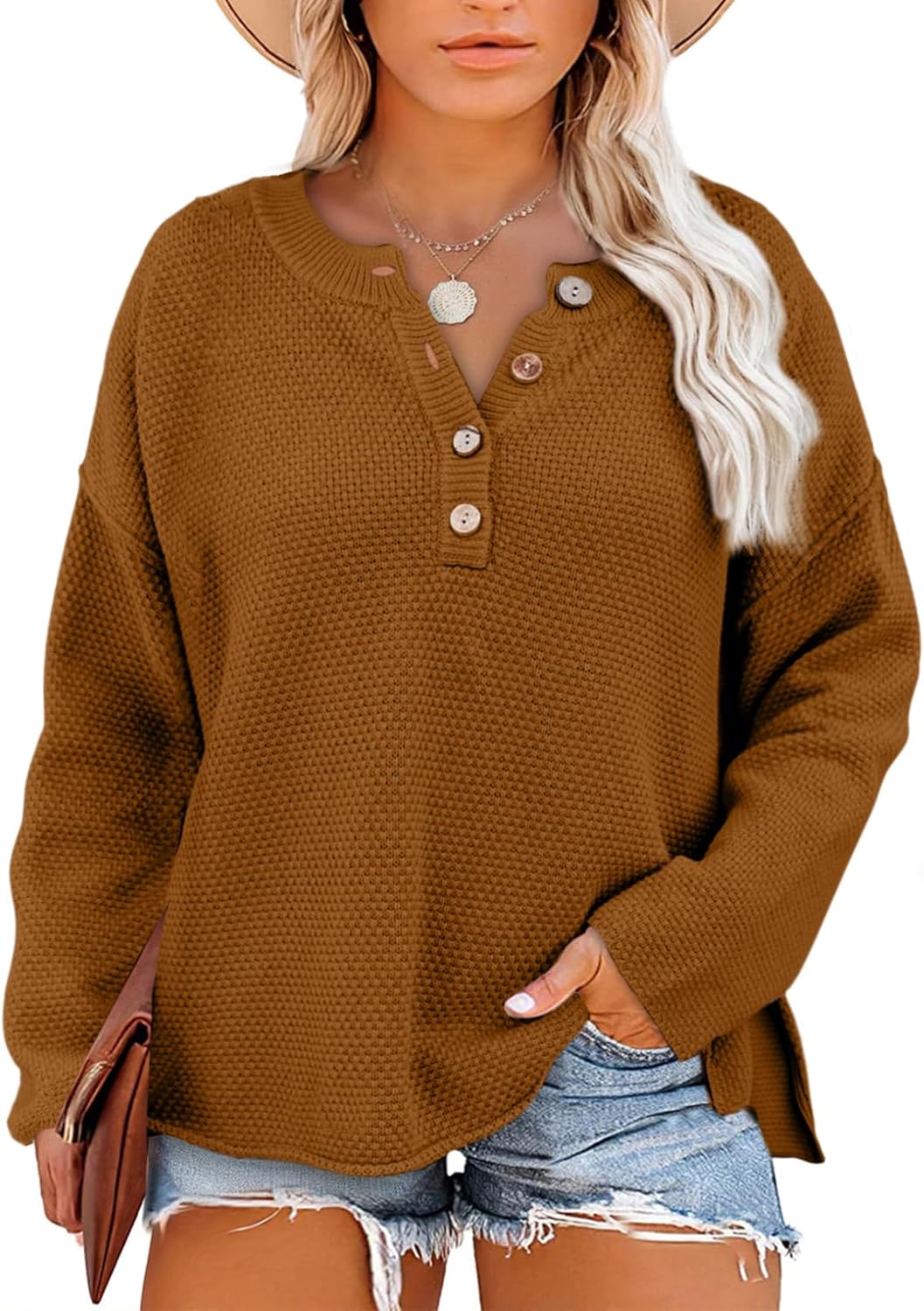 Womens Plus Size Sweaters Casual Long Sleeve Loose V Neck Button Henley Tops