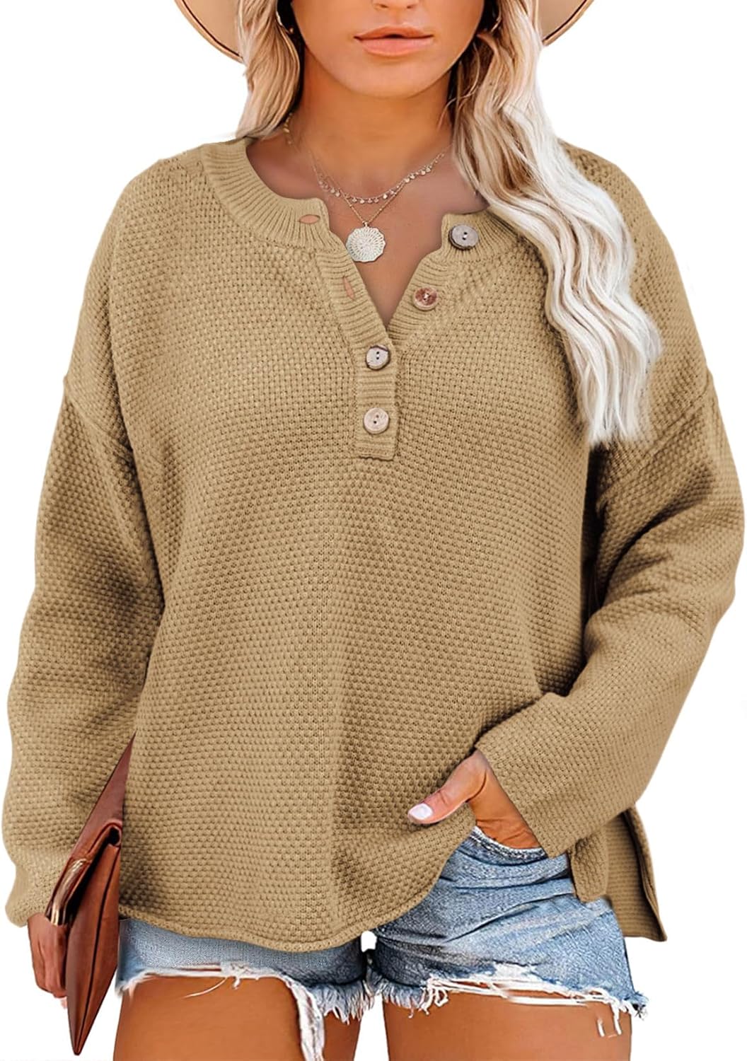 Womens Plus Size Sweaters Casual Long Sleeve Loose V Neck Button Henley Tops