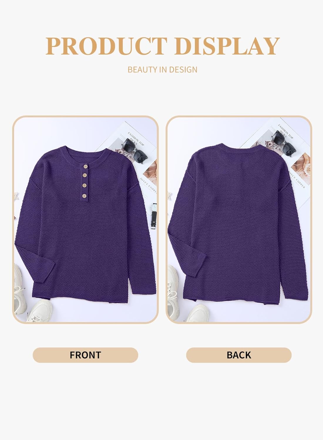 Womens Plus Size Sweaters Casual Long Sleeve Loose V Neck Button Henley Tops