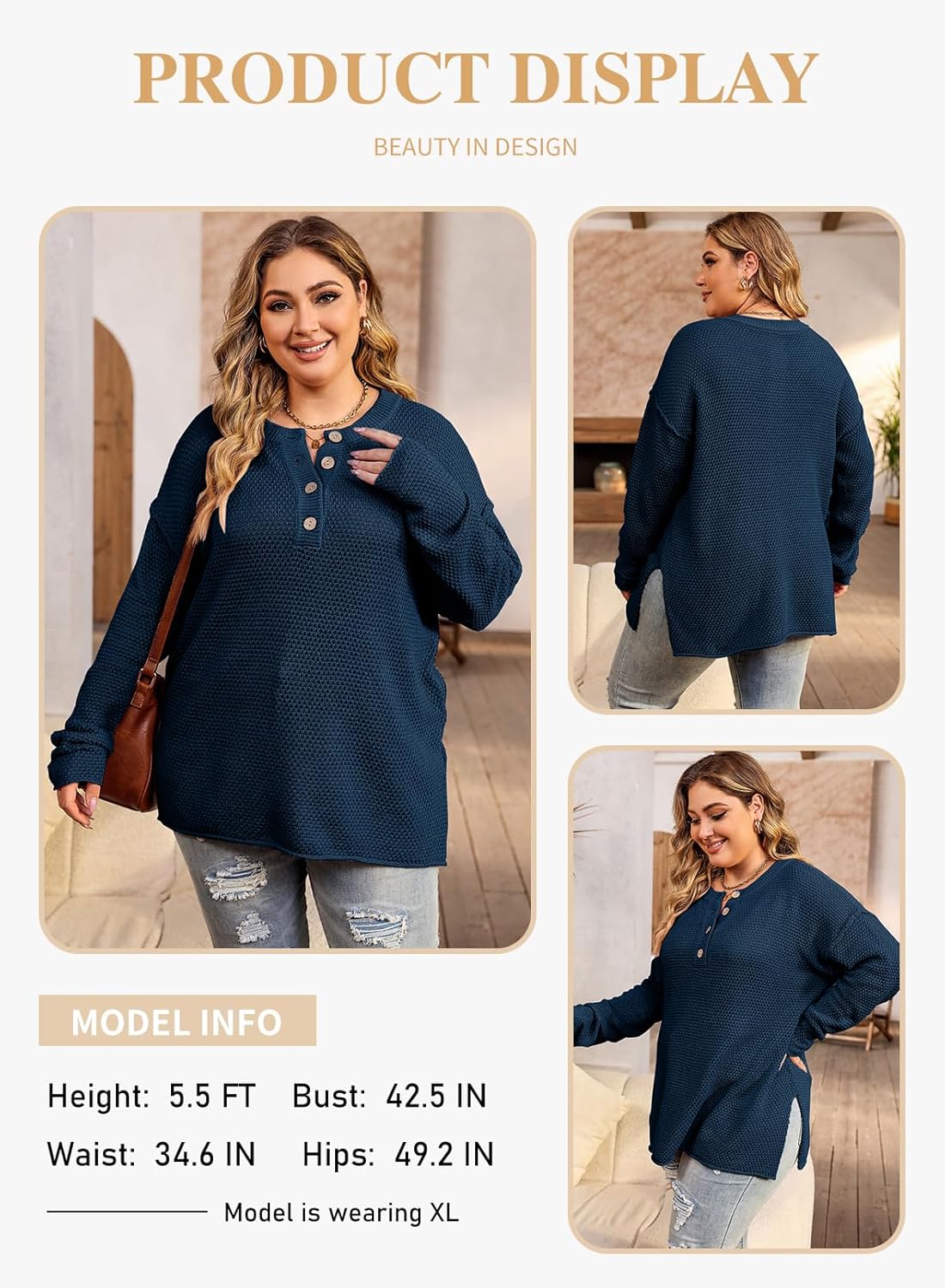Womens Plus Size Sweaters Casual Long Sleeve Loose V Neck Button Henley Tops
