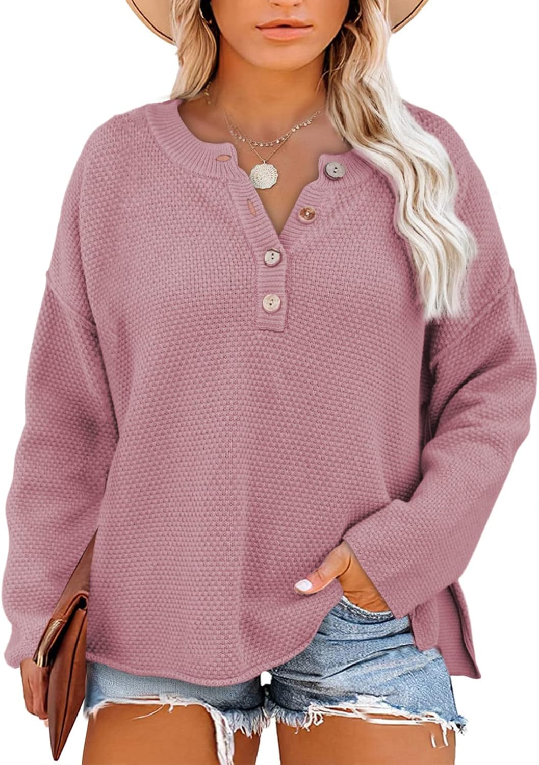 Womens Plus Size Sweaters Casual Long Sleeve Loose V Neck Button Henley Tops