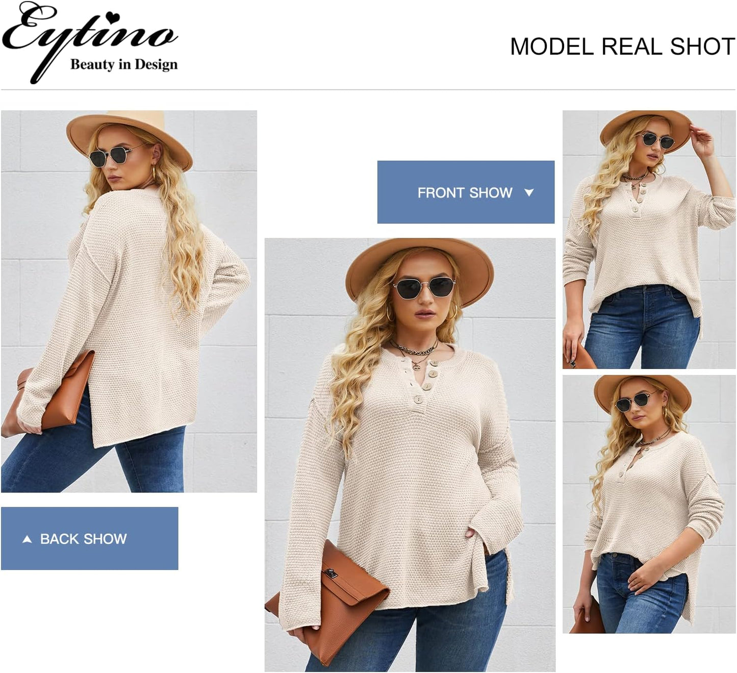 Womens Plus Size Sweaters Casual Long Sleeve Loose V Neck Button Henley Tops