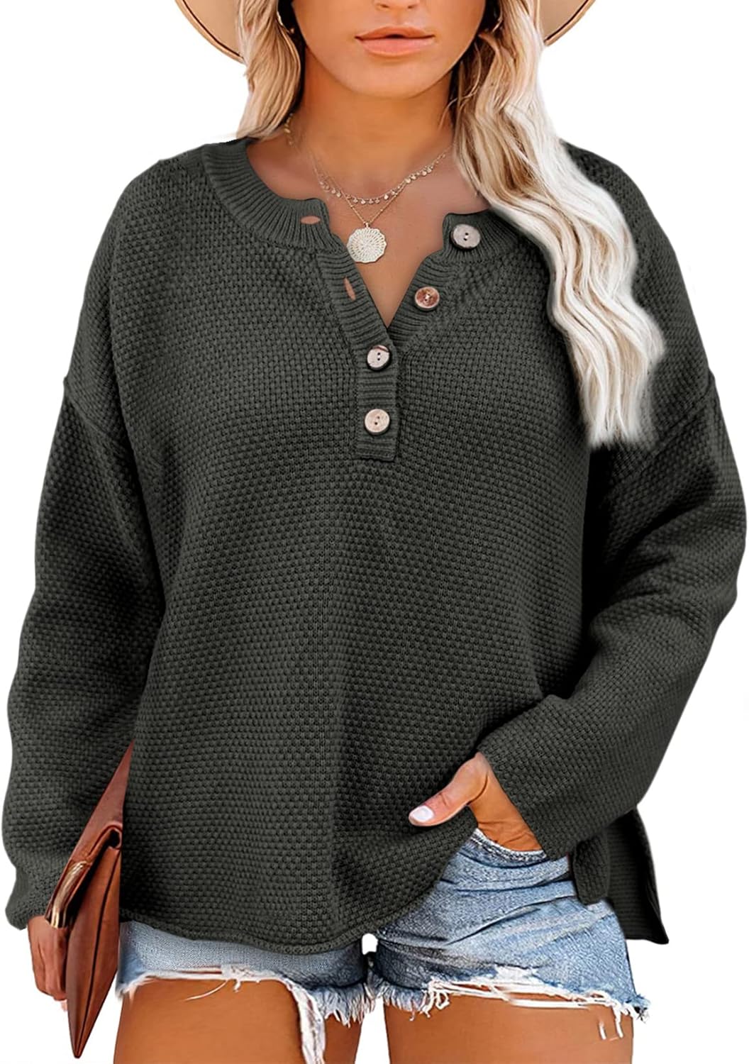 Womens Plus Size Sweaters Casual Long Sleeve Loose V Neck Button Henley Tops