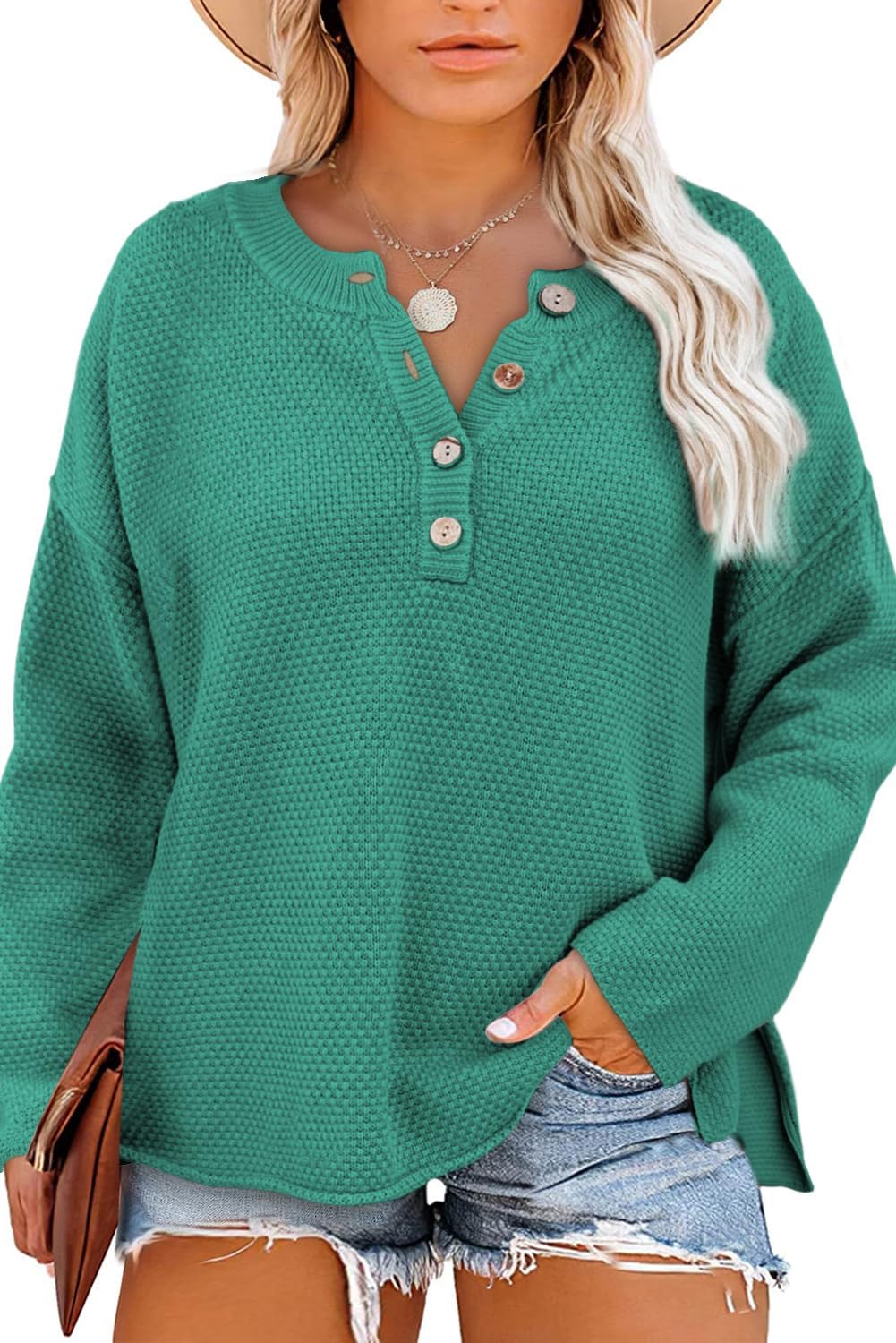 Womens Plus Size Sweaters Casual Long Sleeve Loose V Neck Button Henley Tops