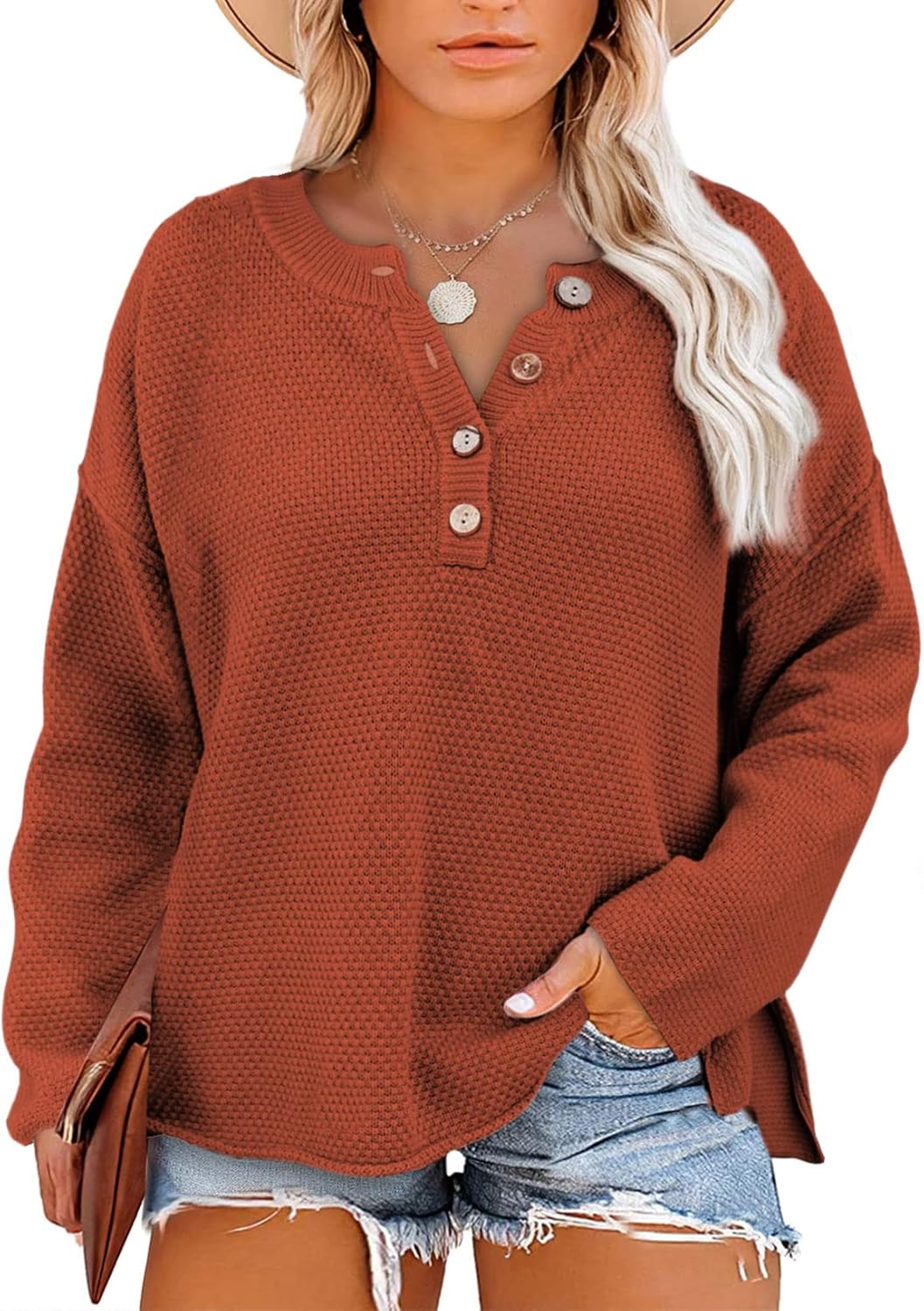 Womens Plus Size Sweaters Casual Long Sleeve Loose V Neck Button Henley Tops