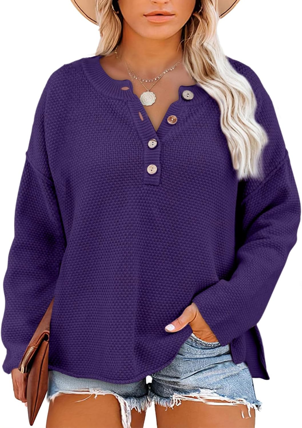 Womens Plus Size Sweaters Casual Long Sleeve Loose V Neck Button Henley Tops