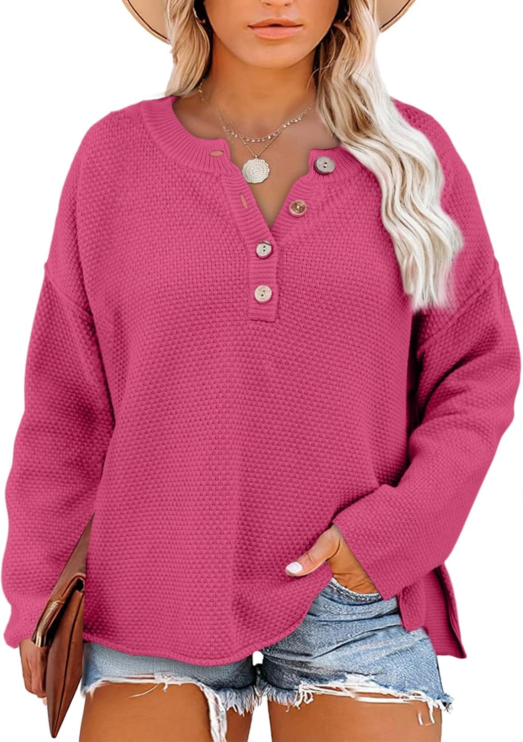 Womens Plus Size Sweaters Casual Long Sleeve Loose V Neck Button Henley Tops