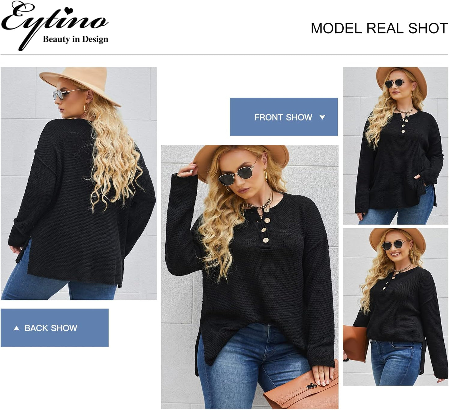 Womens Plus Size Sweaters Casual Long Sleeve Loose V Neck Button Henley Tops