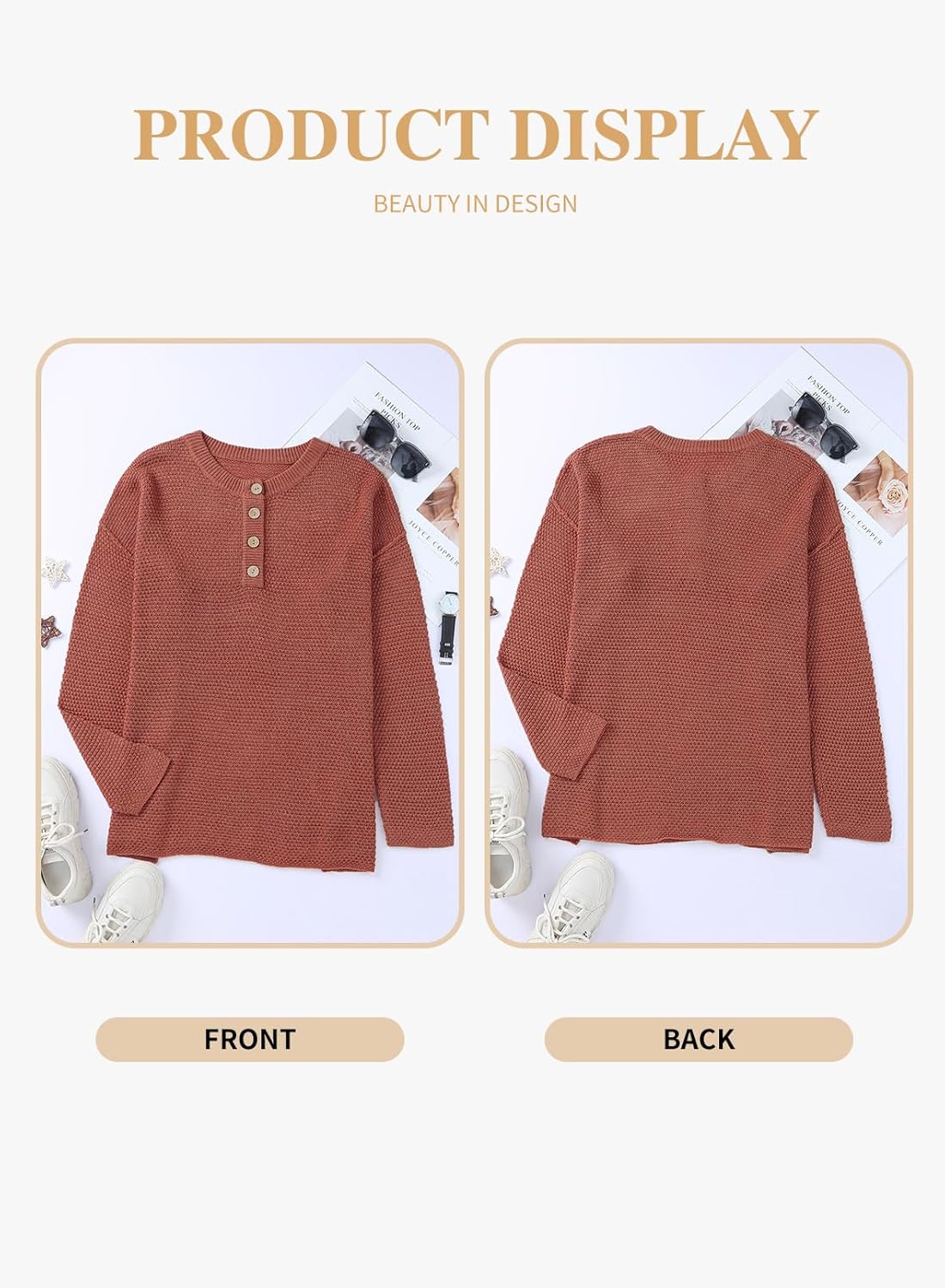 Womens Plus Size Sweaters Casual Long Sleeve Loose V Neck Button Henley Tops