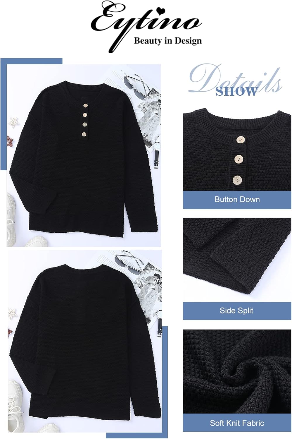 Womens Plus Size Sweaters Casual Long Sleeve Loose V Neck Button Henley Tops