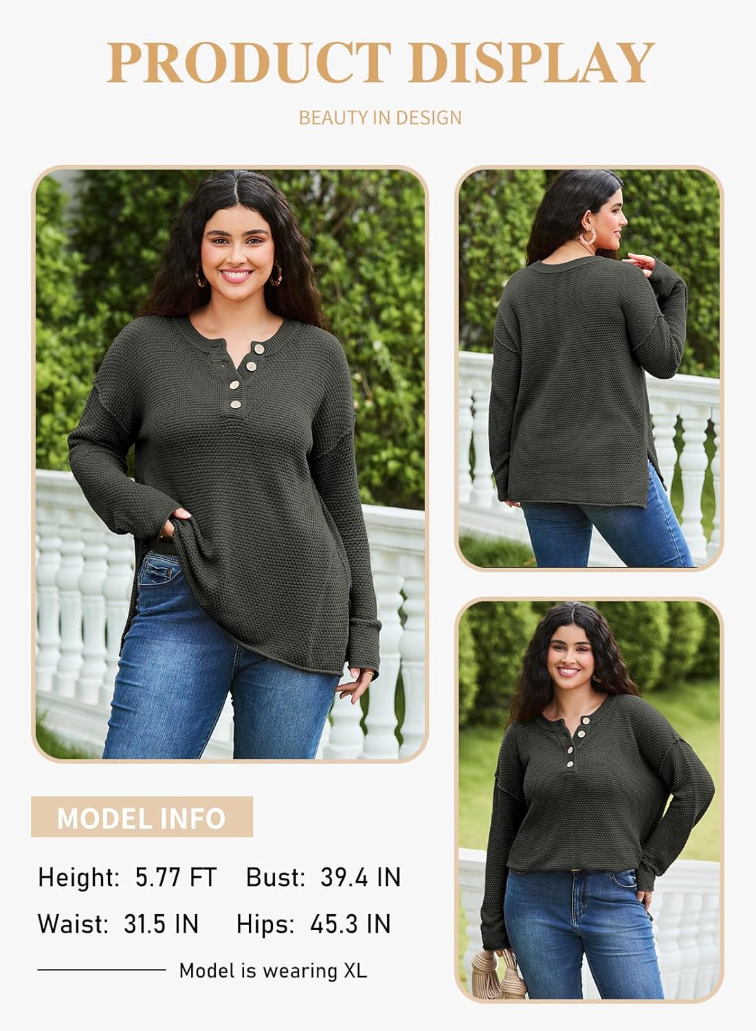 Womens Plus Size Sweaters Casual Long Sleeve Loose V Neck Button Henley Tops