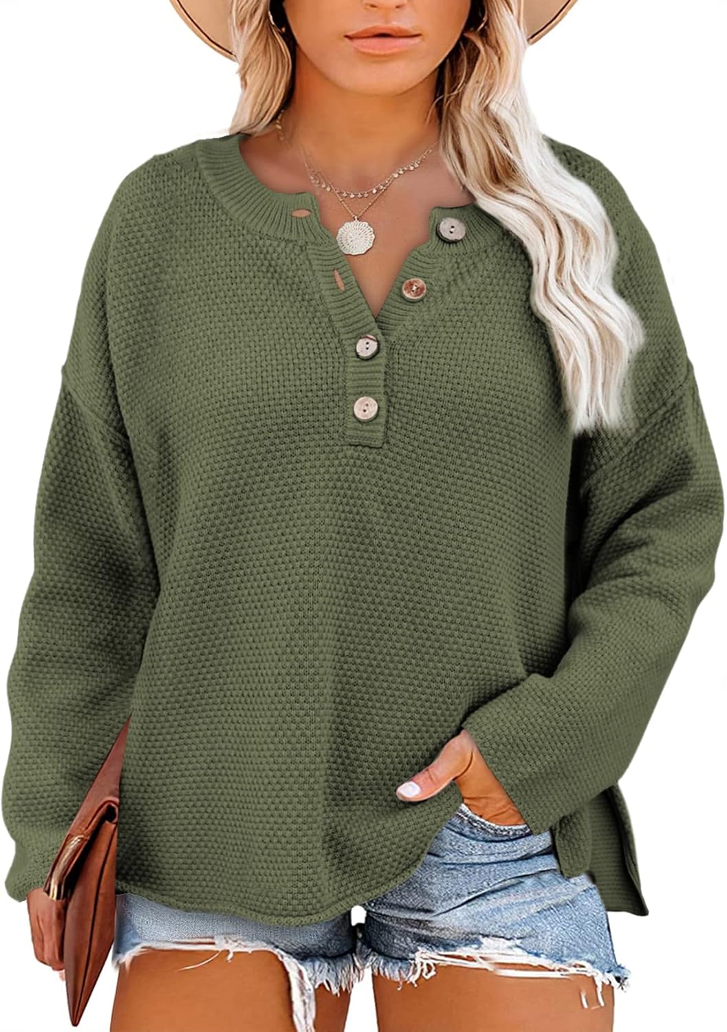 Womens Plus Size Sweaters Casual Long Sleeve Loose V Neck Button Henley Tops