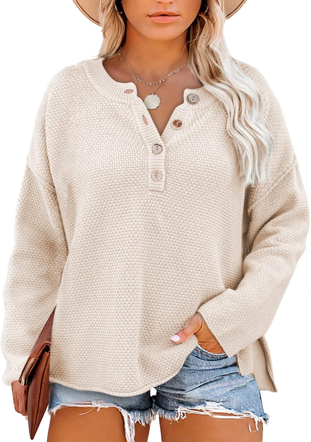 Womens Plus Size Sweaters Casual Long Sleeve Loose V Neck Button Henley Tops