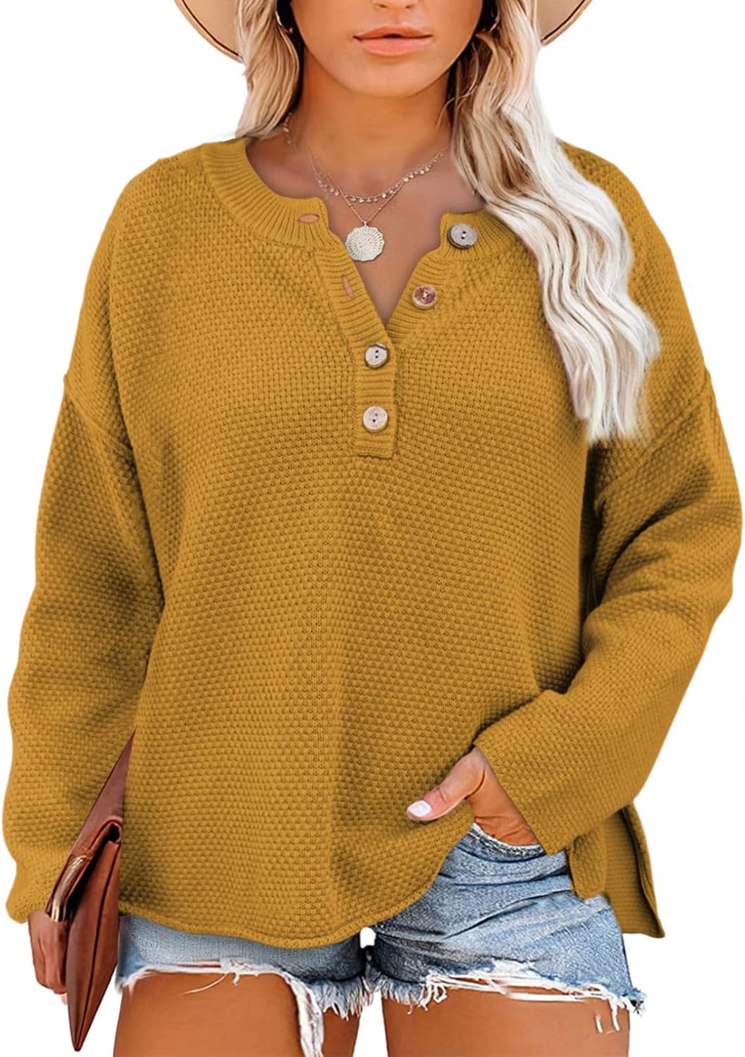 Womens Plus Size Sweaters Casual Long Sleeve Loose V Neck Button Henley Tops