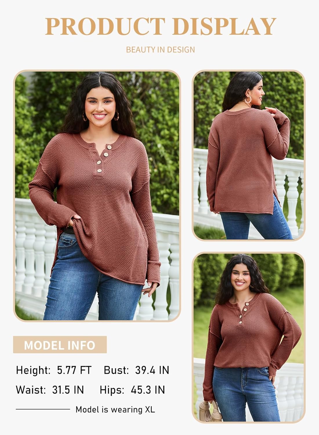Womens Plus Size Sweaters Casual Long Sleeve Loose V Neck Button Henley Tops