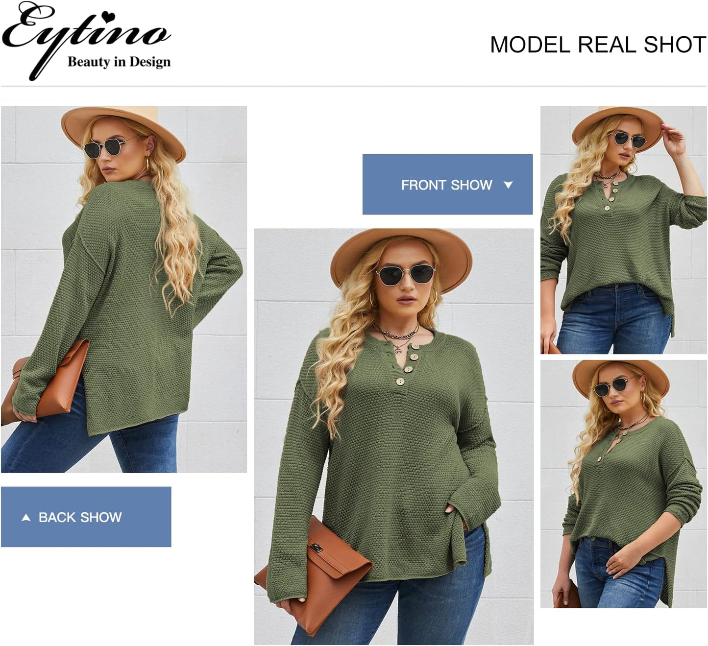 Womens Plus Size Sweaters Casual Long Sleeve Loose V Neck Button Henley Tops