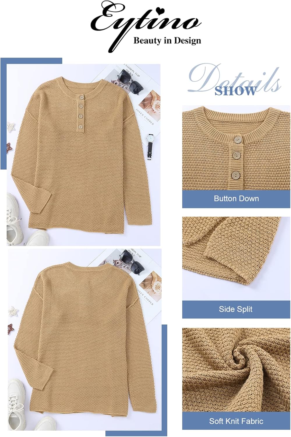 Womens Plus Size Sweaters Casual Long Sleeve Loose V Neck Button Henley Tops