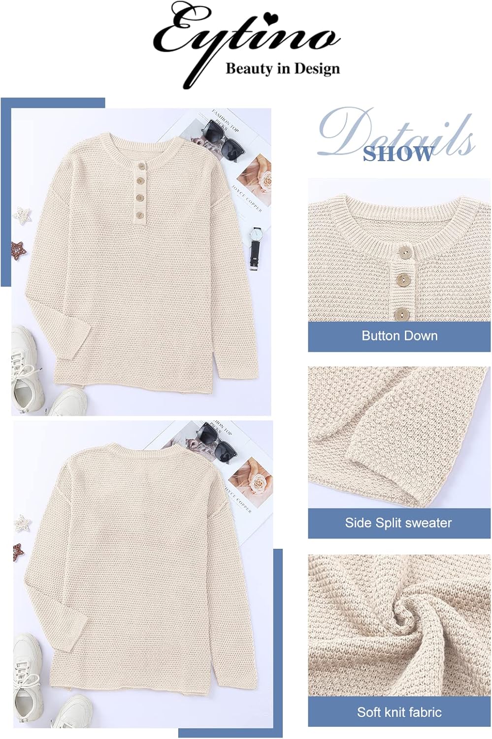 Womens Plus Size Sweaters Casual Long Sleeve Loose V Neck Button Henley Tops