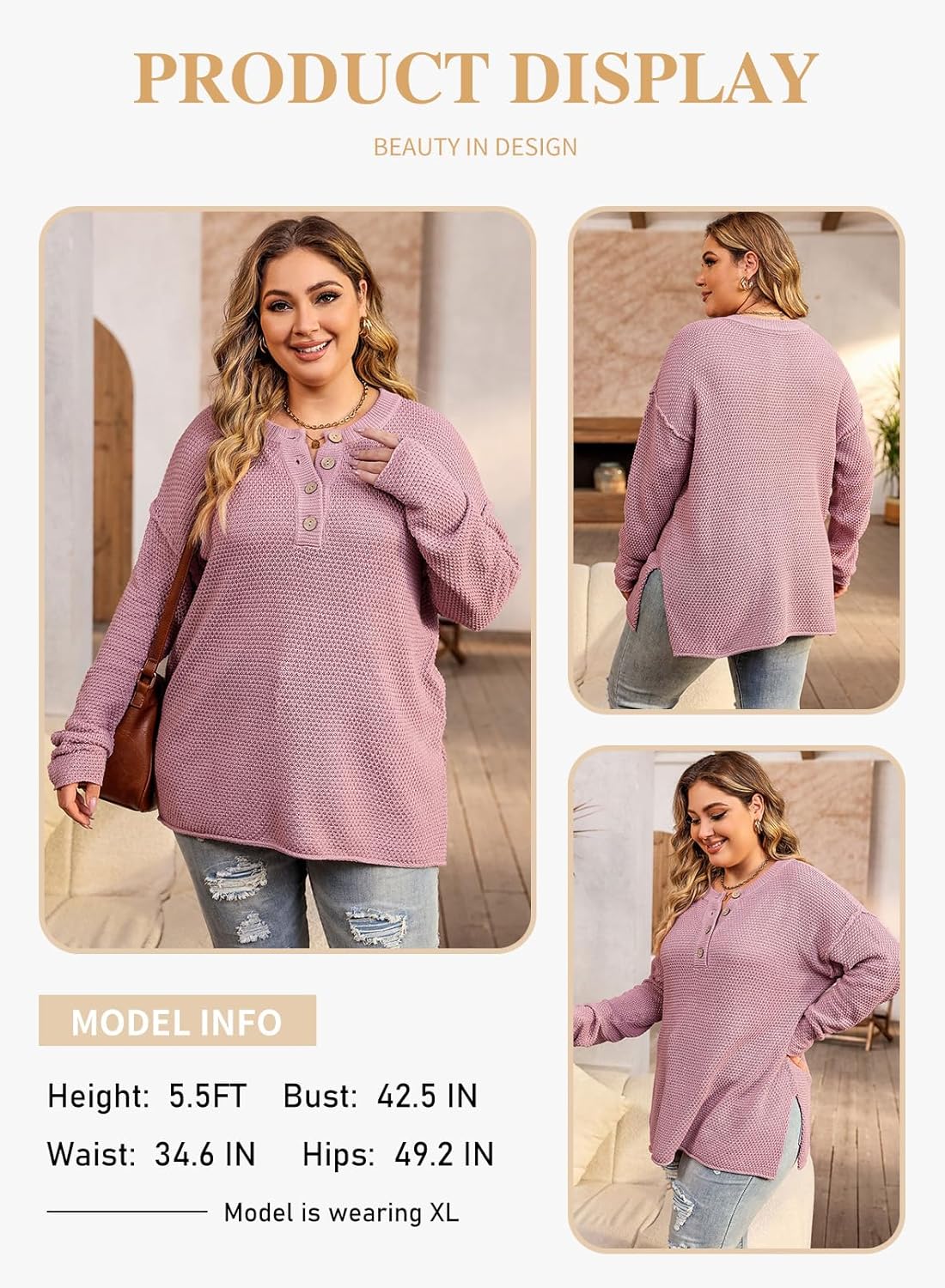 Womens Plus Size Sweaters Casual Long Sleeve Loose V Neck Button Henley Tops