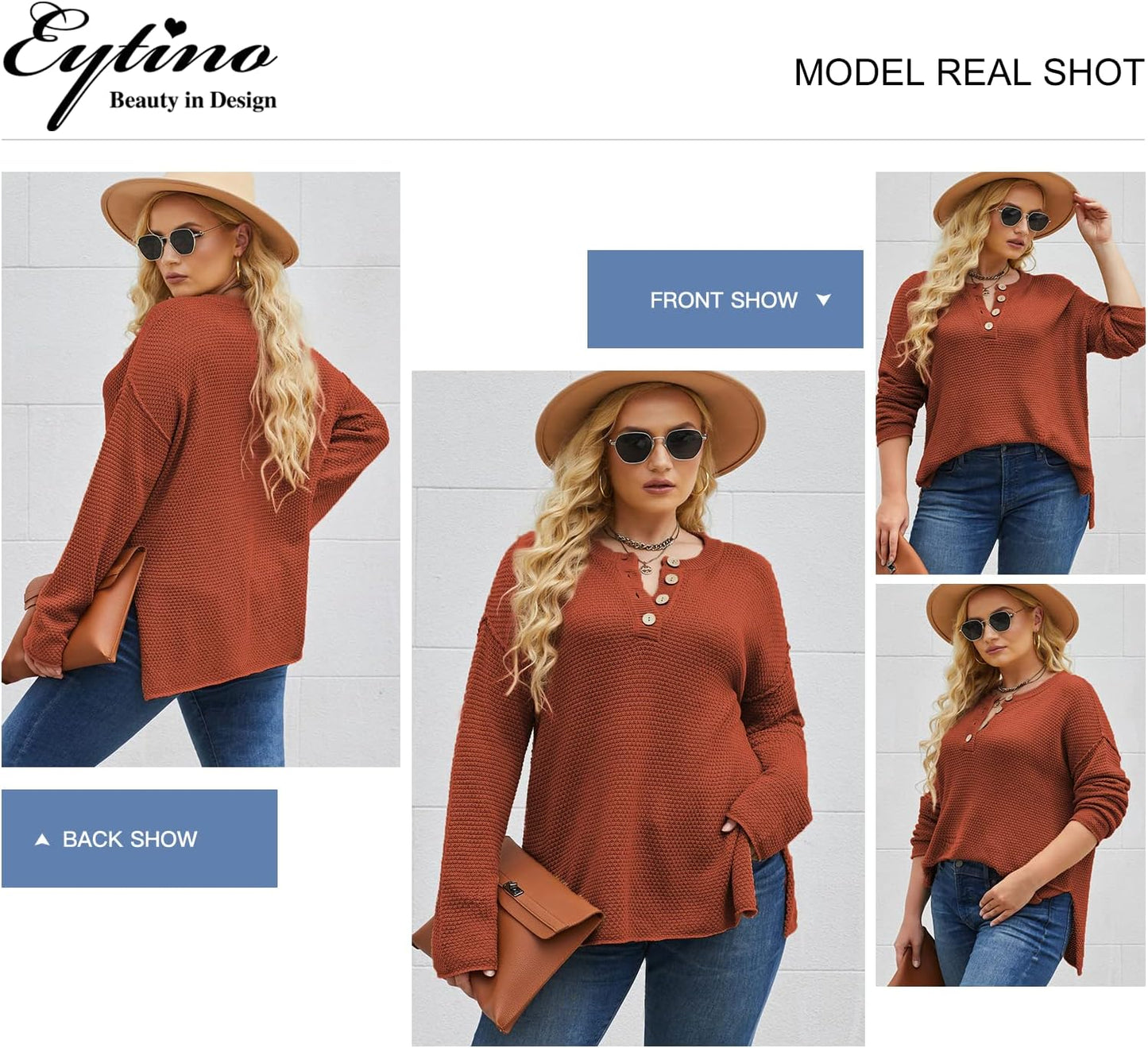 Womens Plus Size Sweaters Casual Long Sleeve Loose V Neck Button Henley Tops