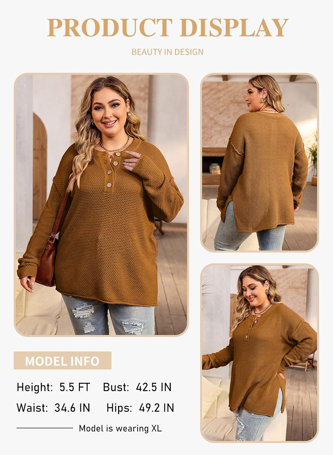 Womens Plus Size Sweaters Casual Long Sleeve Loose V Neck Button Henley Tops