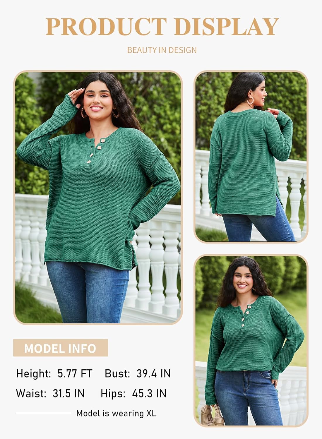 Womens Plus Size Sweaters Casual Long Sleeve Loose V Neck Button Henley Tops