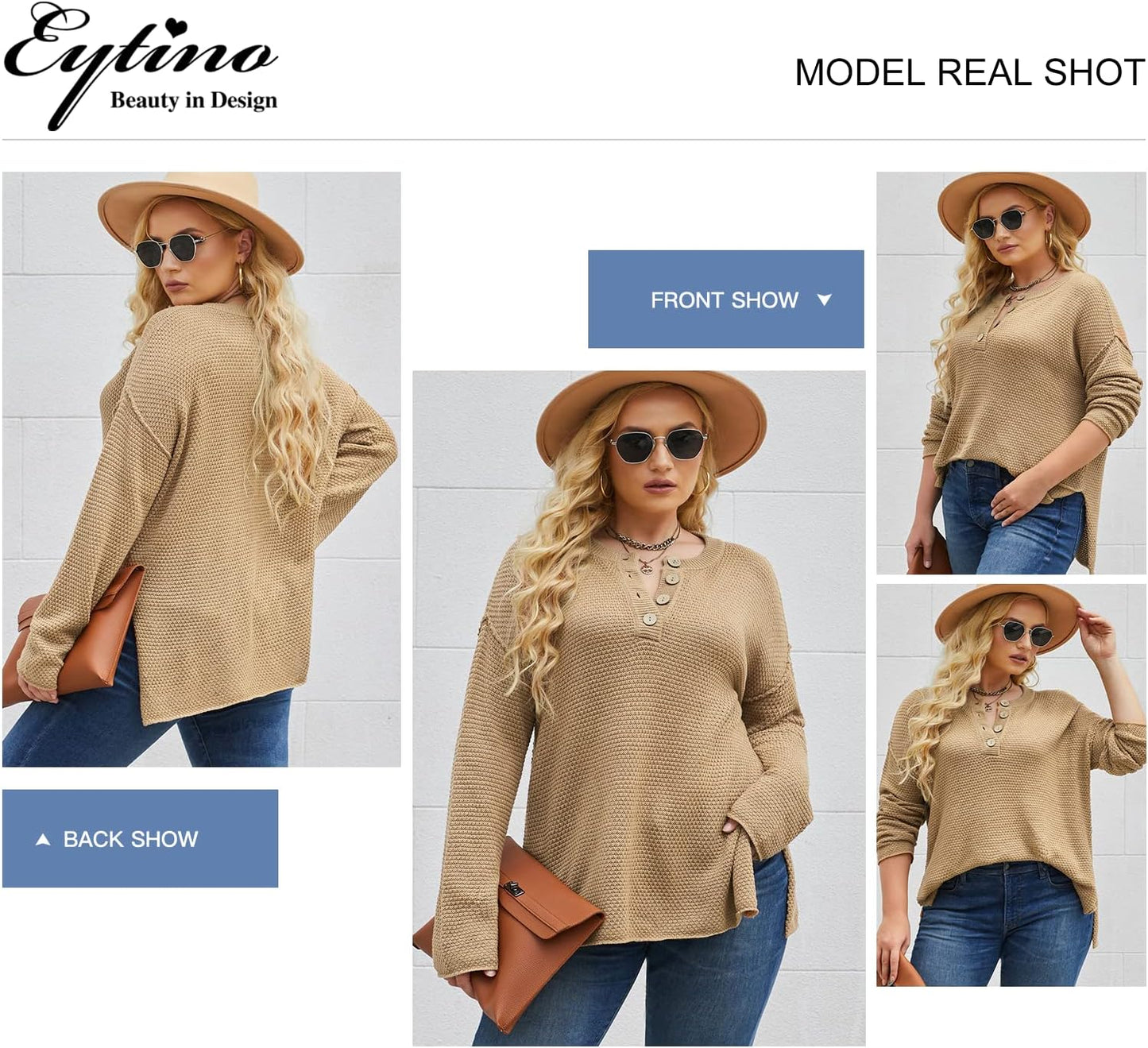 Womens Plus Size Sweaters Casual Long Sleeve Loose V Neck Button Henley Tops