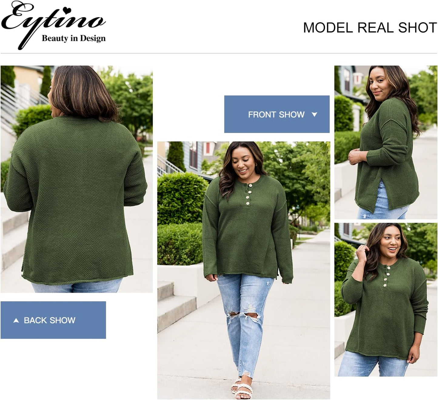 Womens Plus Size Sweaters Casual Long Sleeve Loose V Neck Button Henley Tops