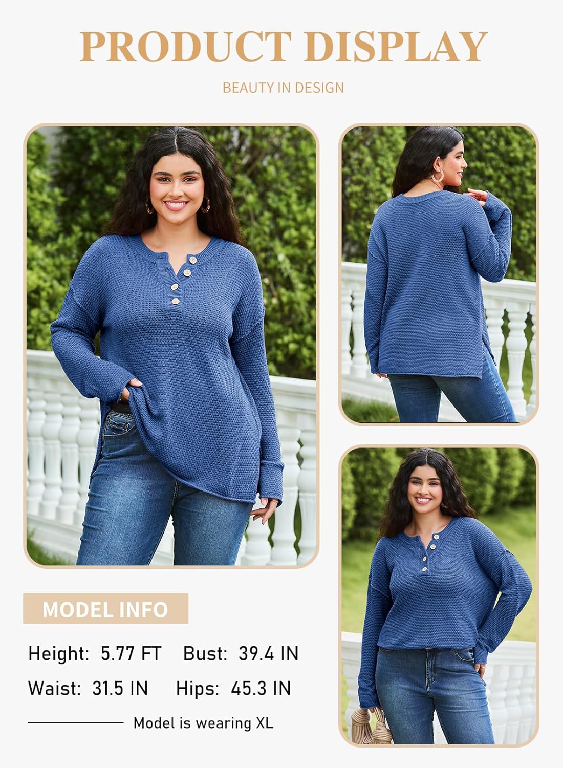 Womens Plus Size Sweaters Casual Long Sleeve Loose V Neck Button Henley Tops