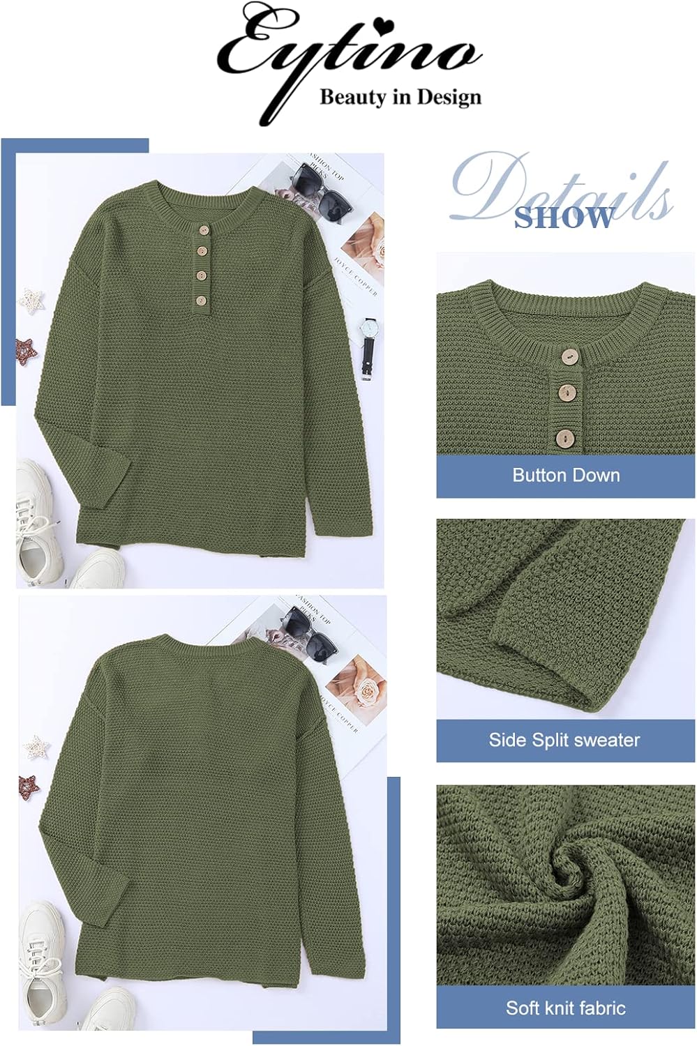 Womens Plus Size Sweaters Casual Long Sleeve Loose V Neck Button Henley Tops