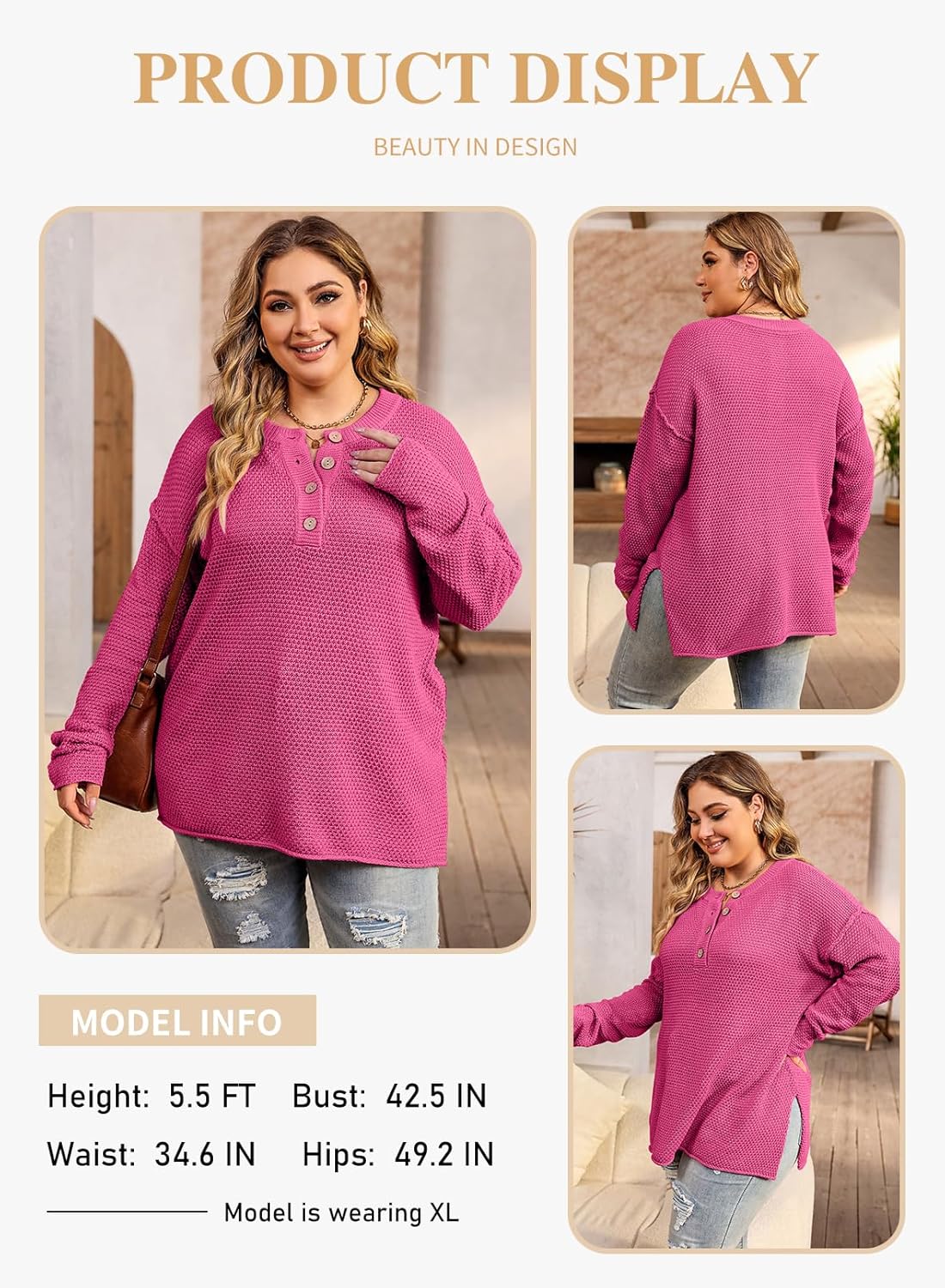 Womens Plus Size Sweaters Casual Long Sleeve Loose V Neck Button Henley Tops