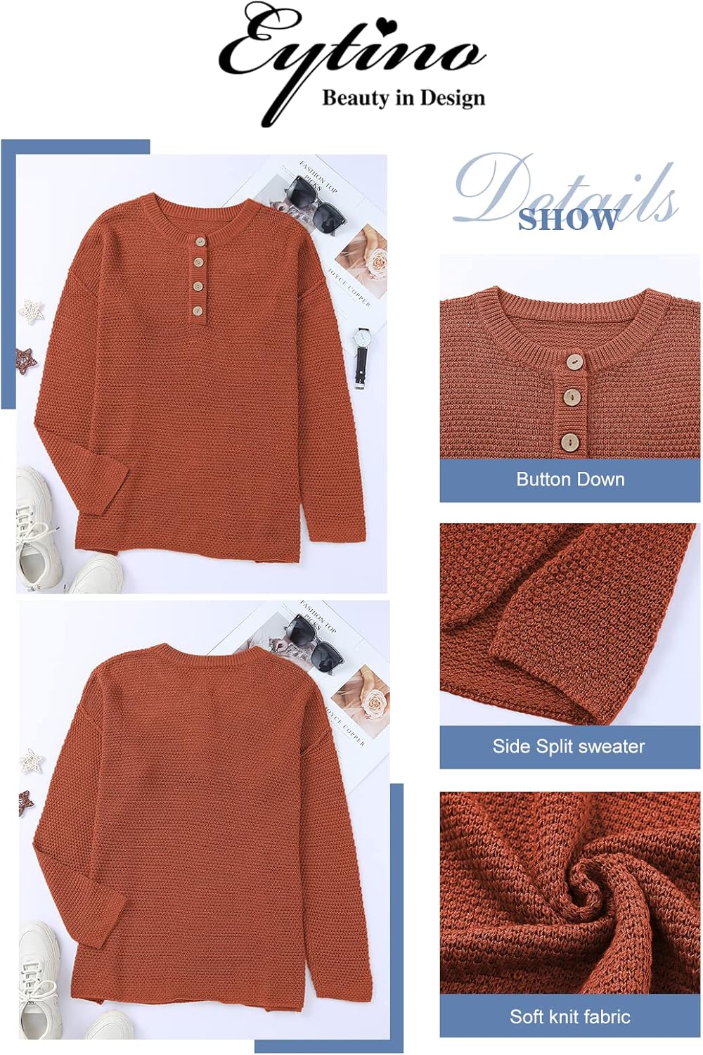 Womens Plus Size Sweaters Casual Long Sleeve Loose V Neck Button Henley Tops